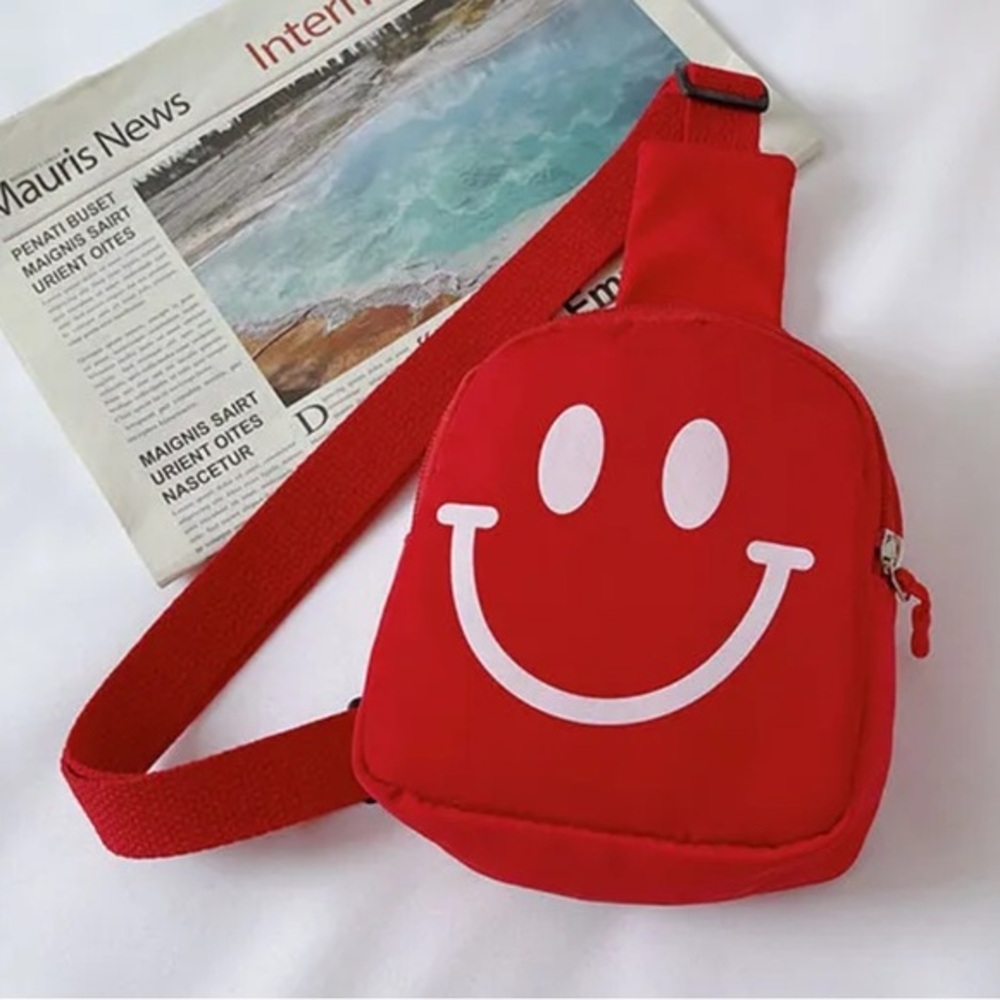 MINI Backpack Red Smiley Face Zip Closure Nylon Travel Bag